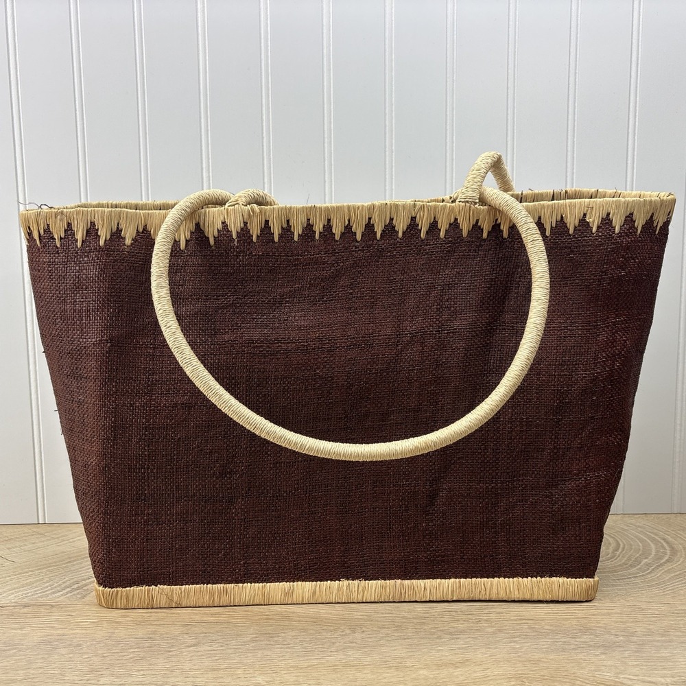 Womens Bath & Body Works Straw Tote Bag Brown Beach Coastal Boho Summer Purse